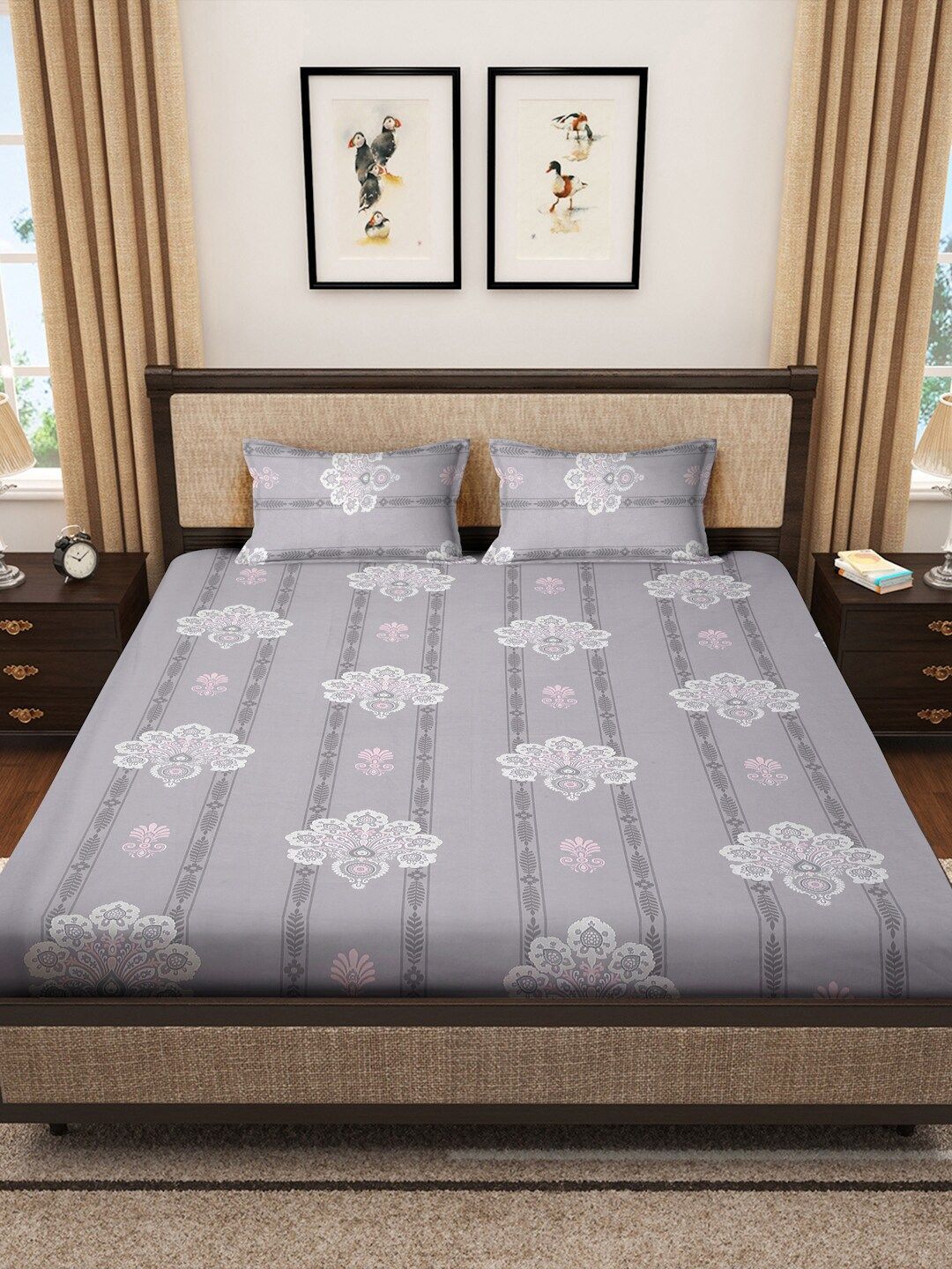 KLOTTHE Grey Floral Printed Dilengkapi 400 TC Kapas Cadar King & 2 Sarung Bantal