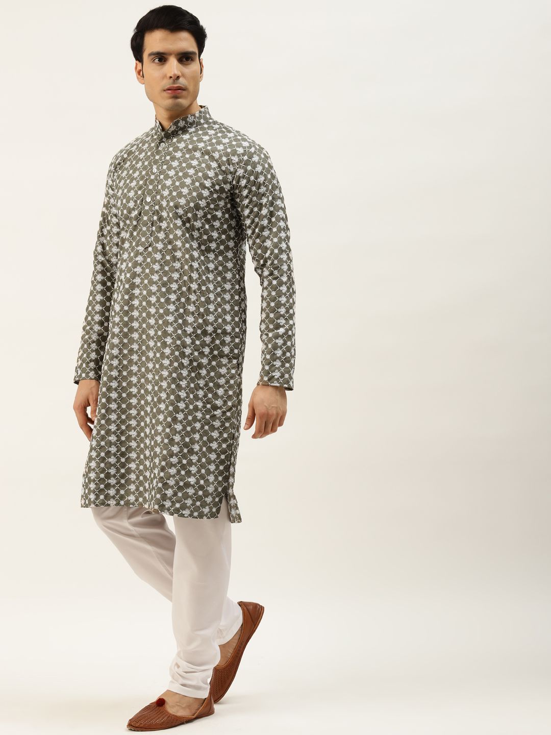 SOJANYA Men Olive Green Chikankari Embroidered Kurta with Churidar & Nehru Jacket
