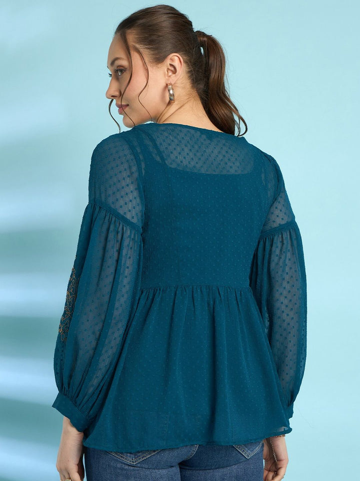 Antheaa Embroidered Bell Sleeve Chiffon Top