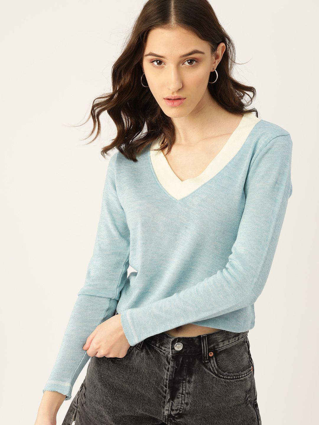 DressBerry Women Blue Melange Knitted Pullover