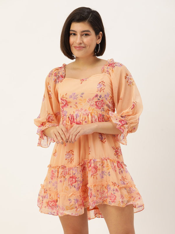 AND Floral Print Puff Sleeve A-Line Mini Dress