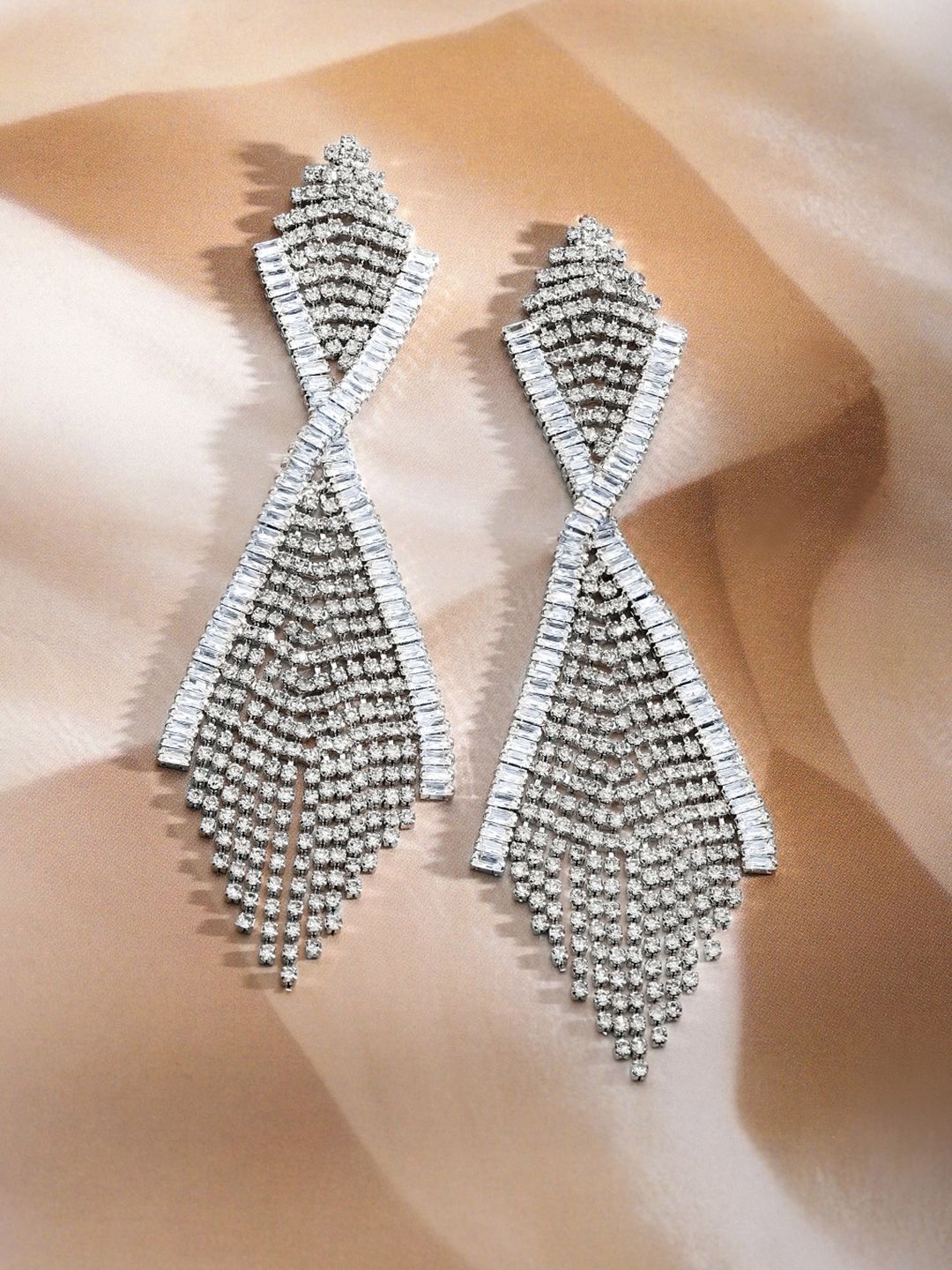 Rubans Rhodium-Plated Brass Crystal Studded Classic Drop Earrings