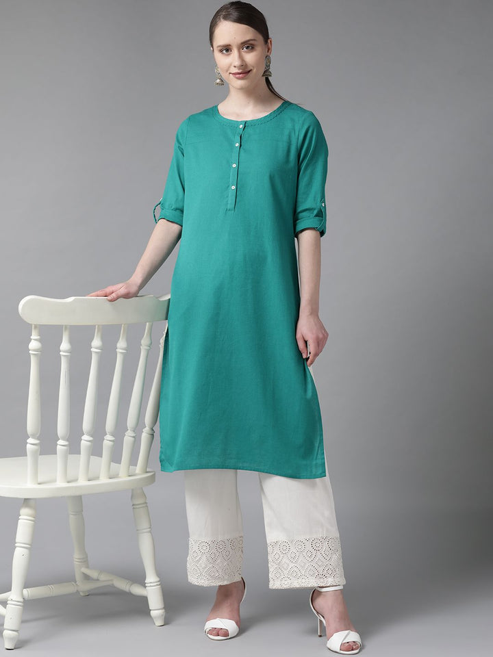 W Women Green Solid Straight Kurta