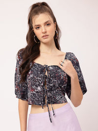 DressBerry Abstract Affair Front Tie-Ups Puff Sleeve Top