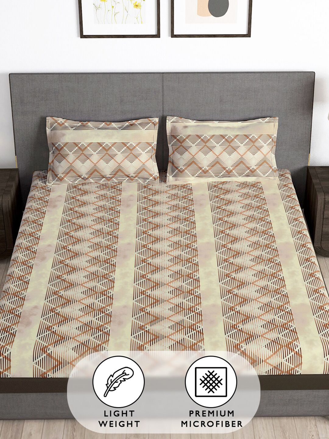 Story@home Brown & Cream Geometric 180 TC Queen Bedsheet with 2 Pillow Covers