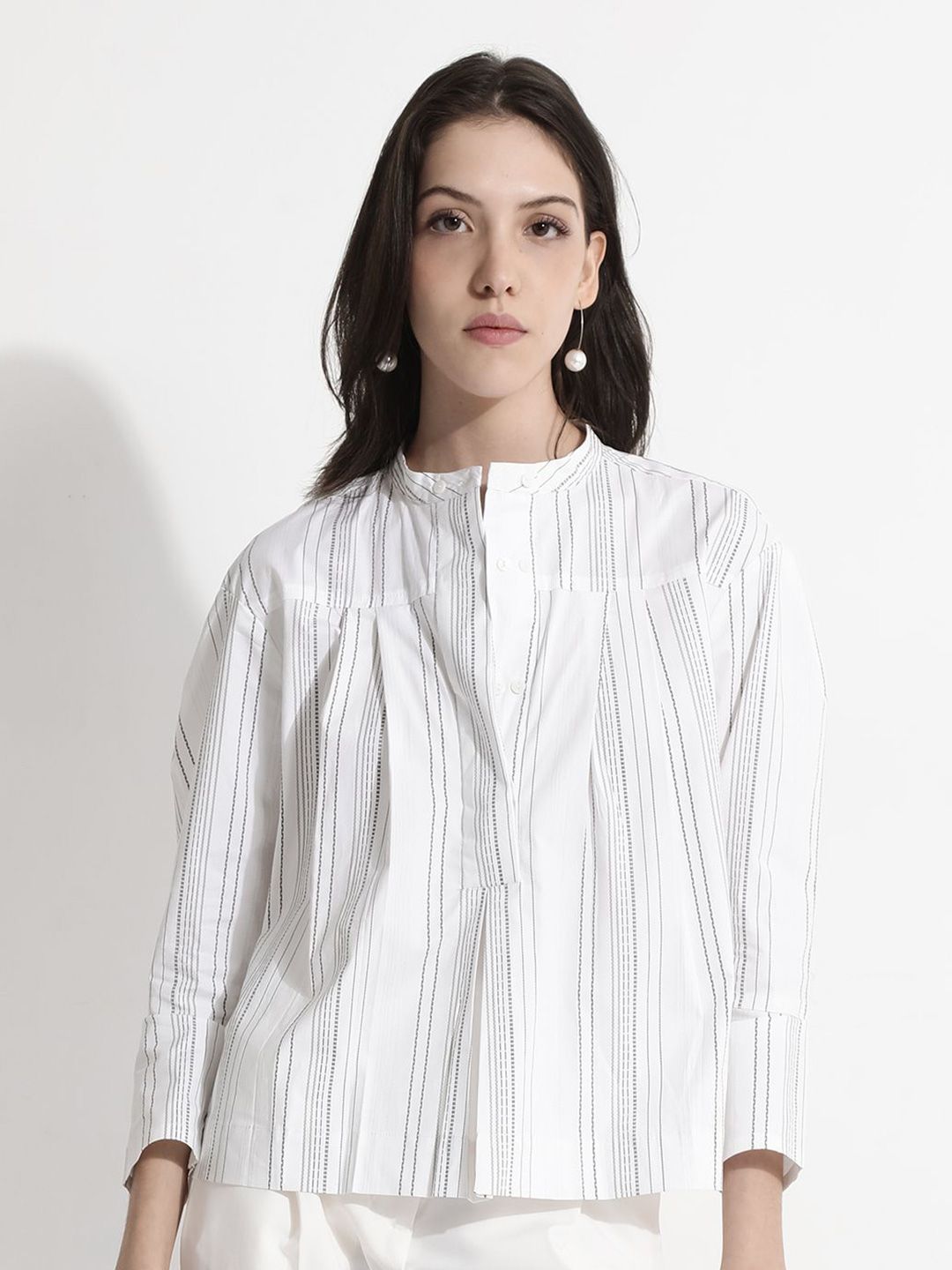 RAREISM Striped Mandarin Collar Cotton Boxy Top