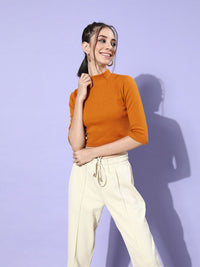STREET 9 Woman Stylish Mustard Solid Cropped Top