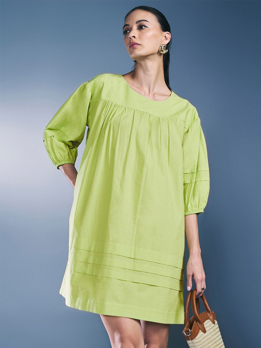 AND Round Neck Puff Sleeve Pure Cotton A-Line Dress