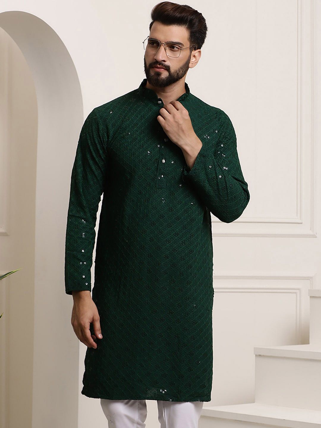 SOJANYA Mandarin Collar Sequins Embellished Pure Cotton Straight Kurta