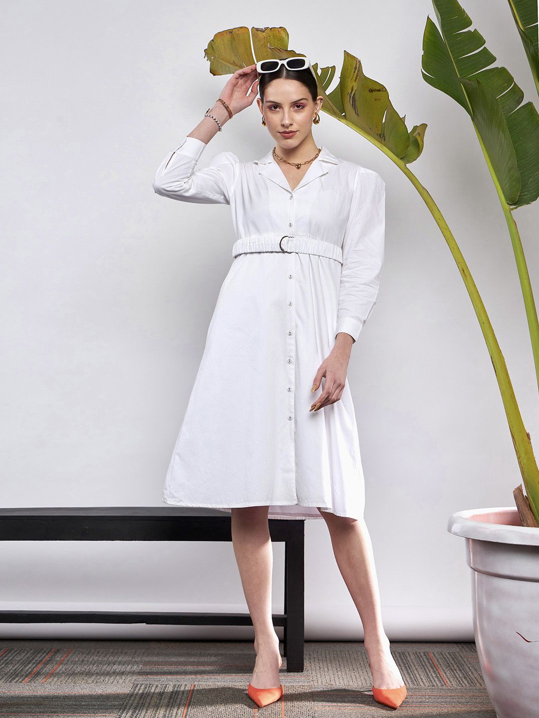 SASSAFRAS White Puff Sleeve Belted Shirt Style Midi Dress