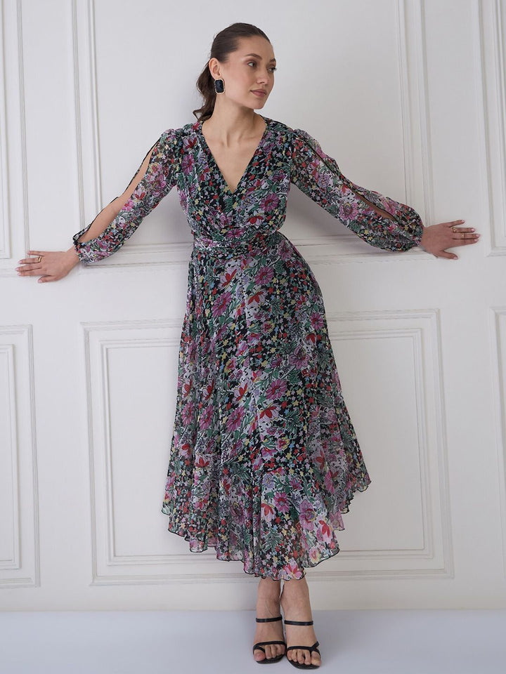 Antheaa Floral Print Chiffon Midi Fit and Flare Dress