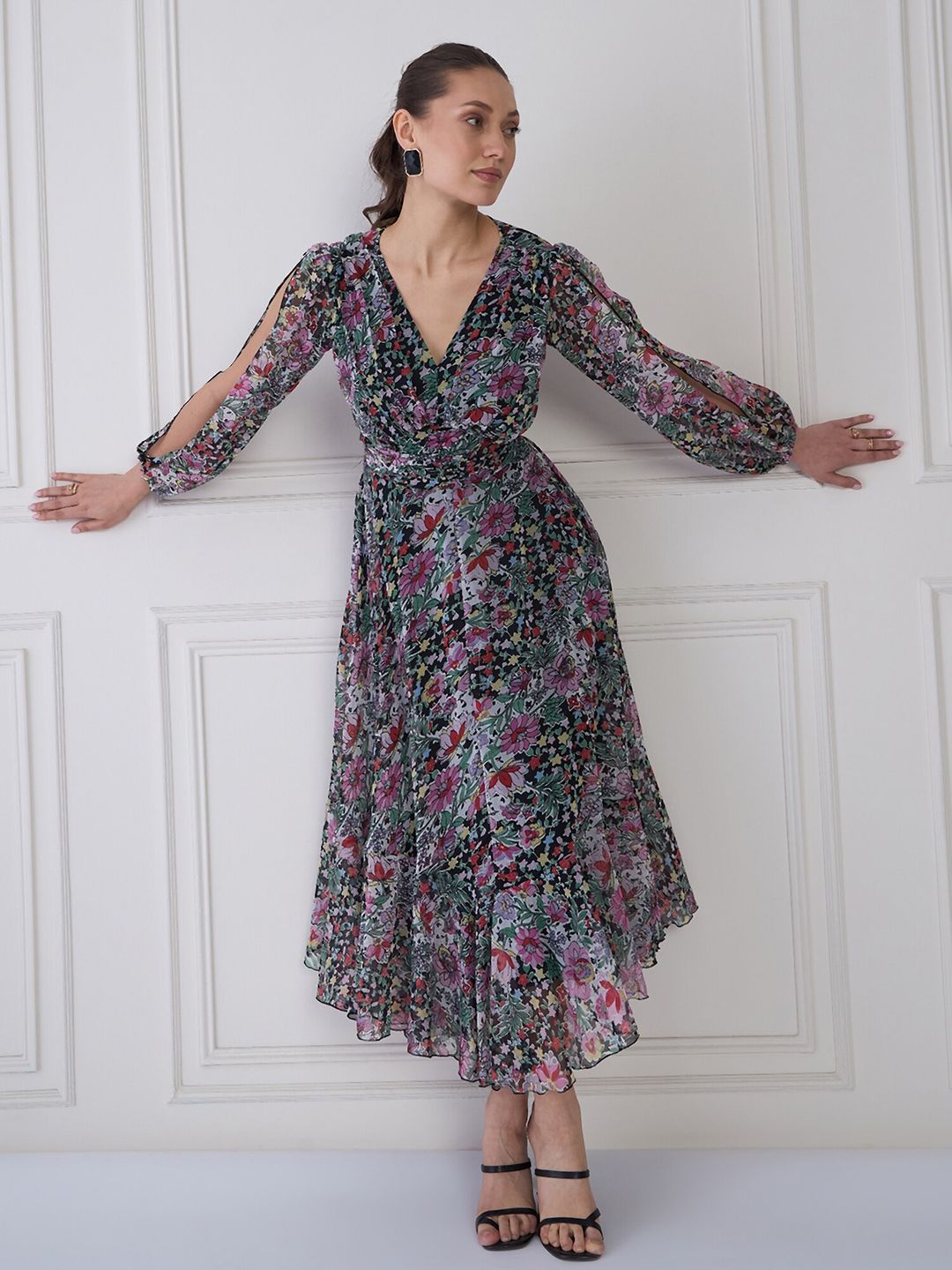 Antheaa Floral Print Chiffon Midi Fit and Flare Dress