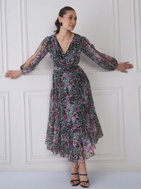 Antheaa Floral Print Chiffon Midi Fit and Flare Dress