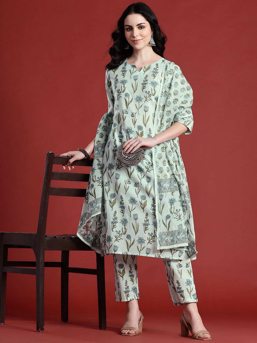 Anouk Floral Printed Pure Cotton Kurta with Trousers & With Dupatta