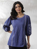 W Blue & White Geometric Printed Keyhole Neck Cotton A Line Top