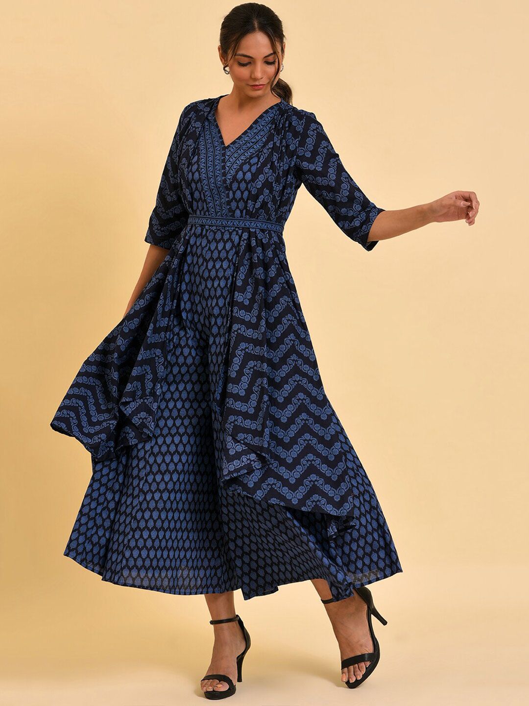 W Blue & Black Ethnic Printed V-Neck Culotte Jumpsuit