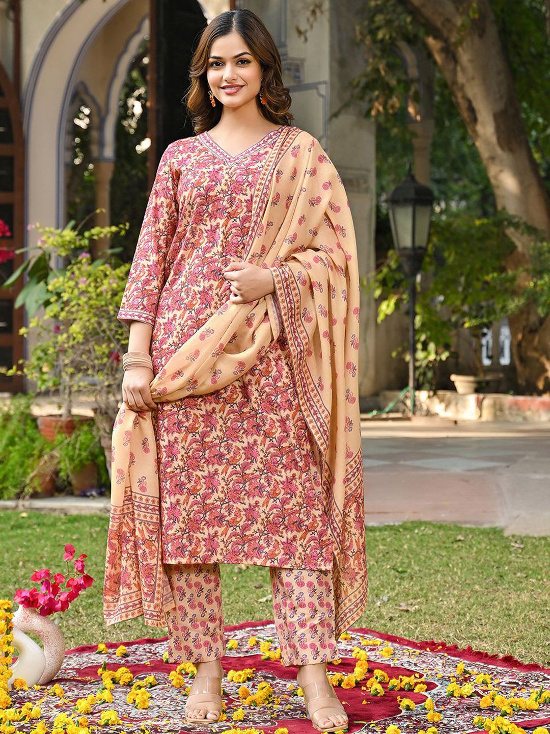 KALINI Women Floral Printed Regular Kurta with Trousers & With Dupatta