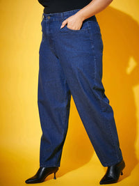SASSAFRAS Curve Women Navy Blue Comfort Mom Fit Mid-Rise Clean Jeans