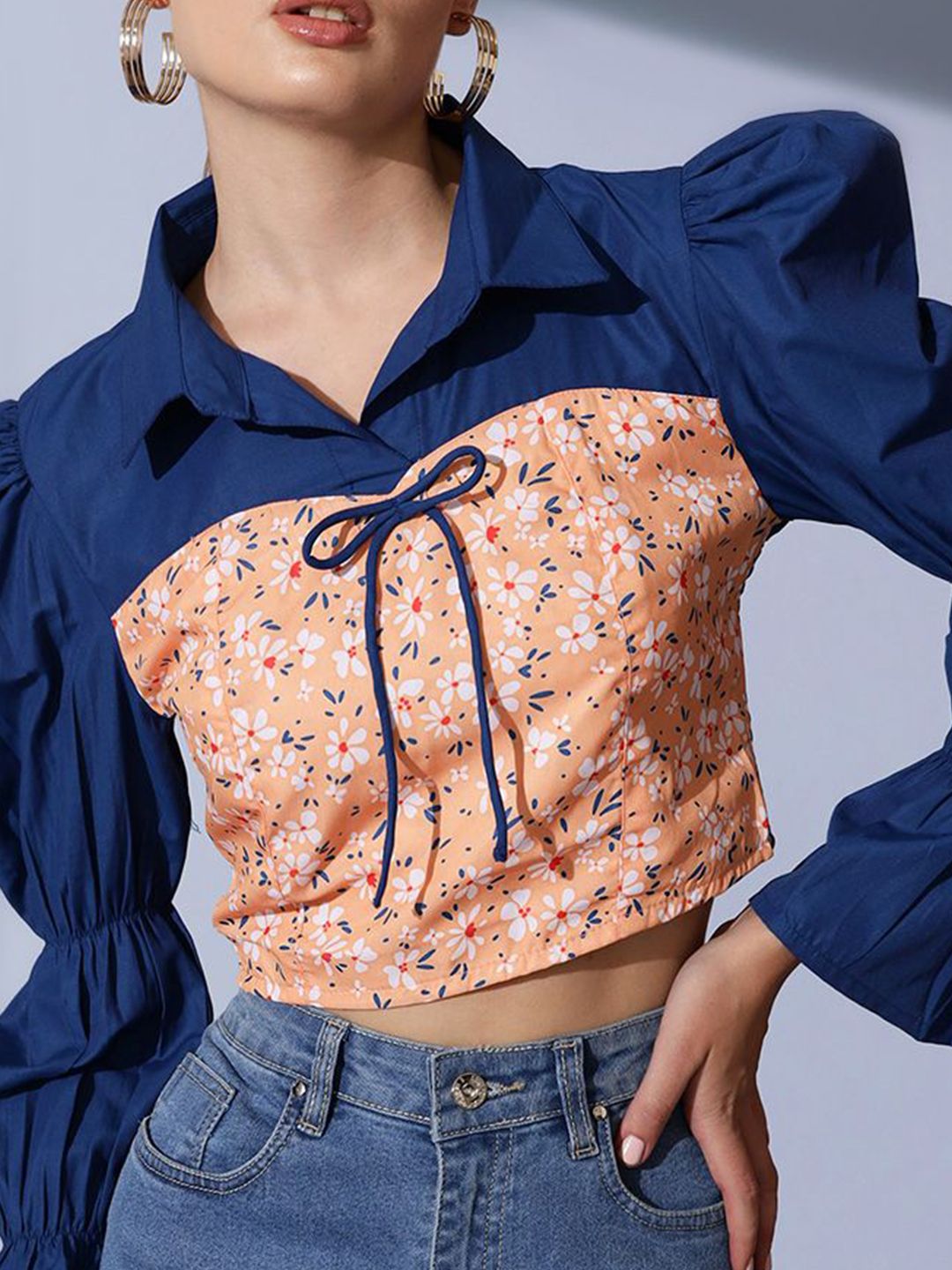 STREET 9 Shirt Collar Floral Printed Crepe Crop Top