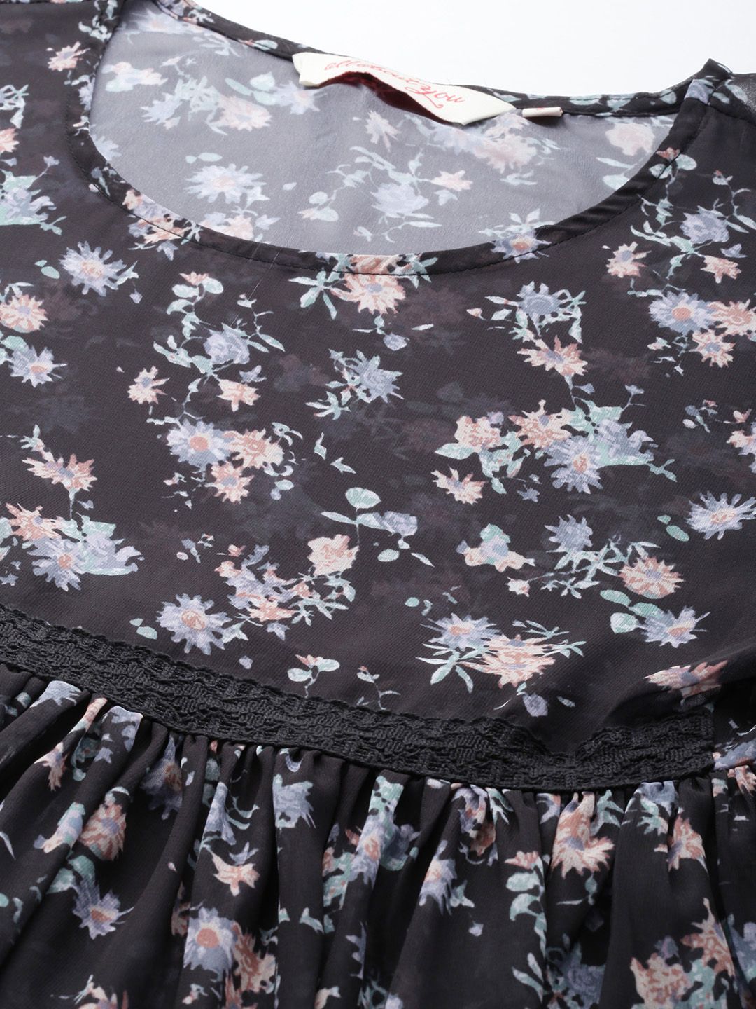 all about you Floral Printed Semi Sheer Gathered A-Line Top