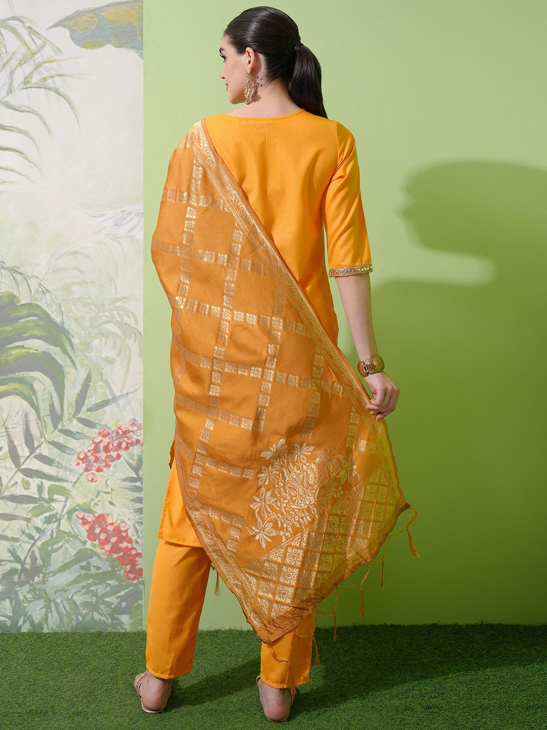 Vishudh Yellow Round Neck Embellished Straight Kurta & Palazzos With Dupatta