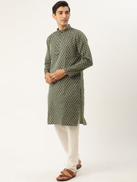SOJANYA Kurta Tenun Jacquard Lelaki Hijau & Putih Putih dengan Jaket Churidar & Nehru