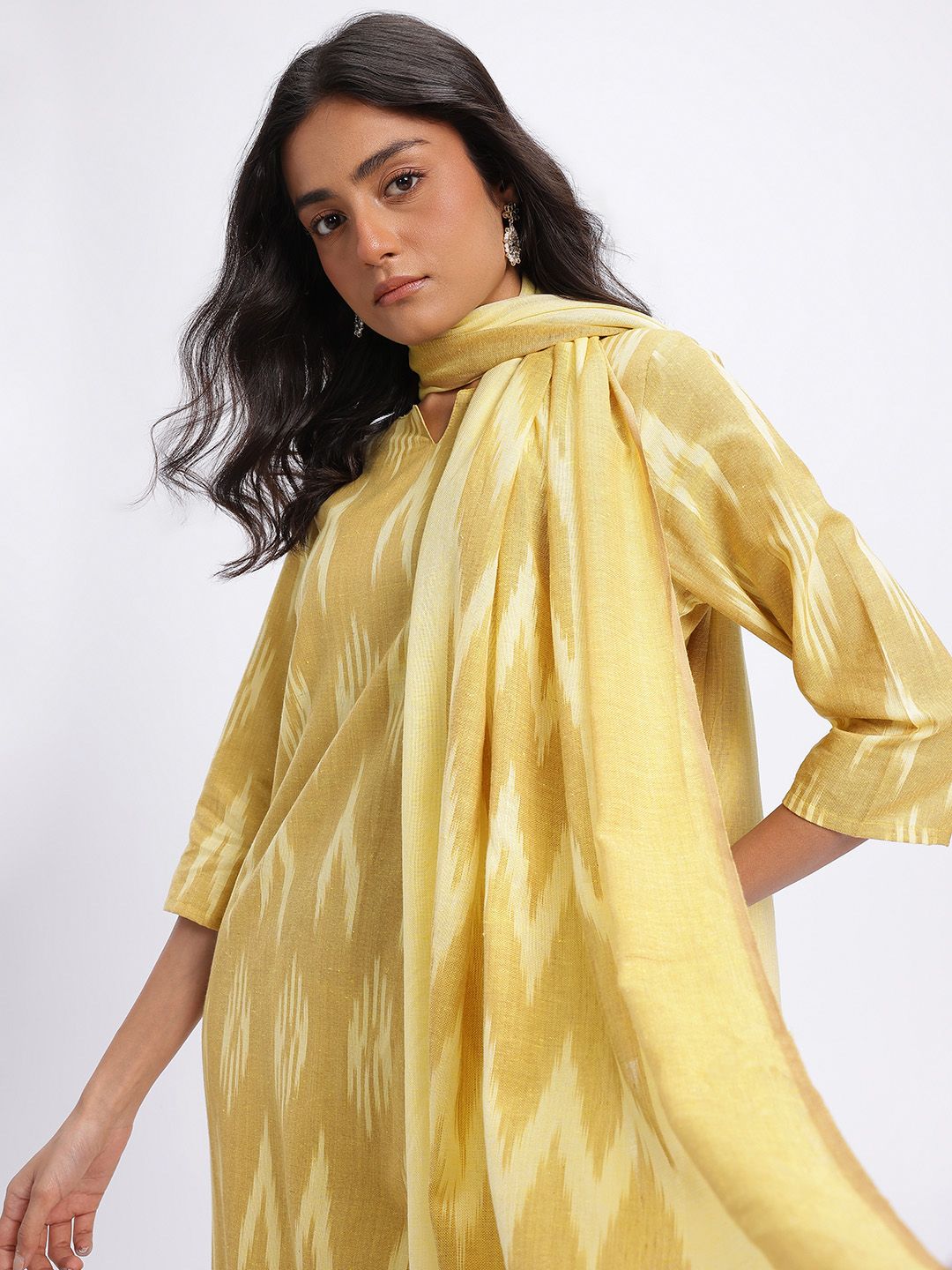 Anouk Ikat Printed Pure Cotton Straight Kurta with Trousers & Dupatta