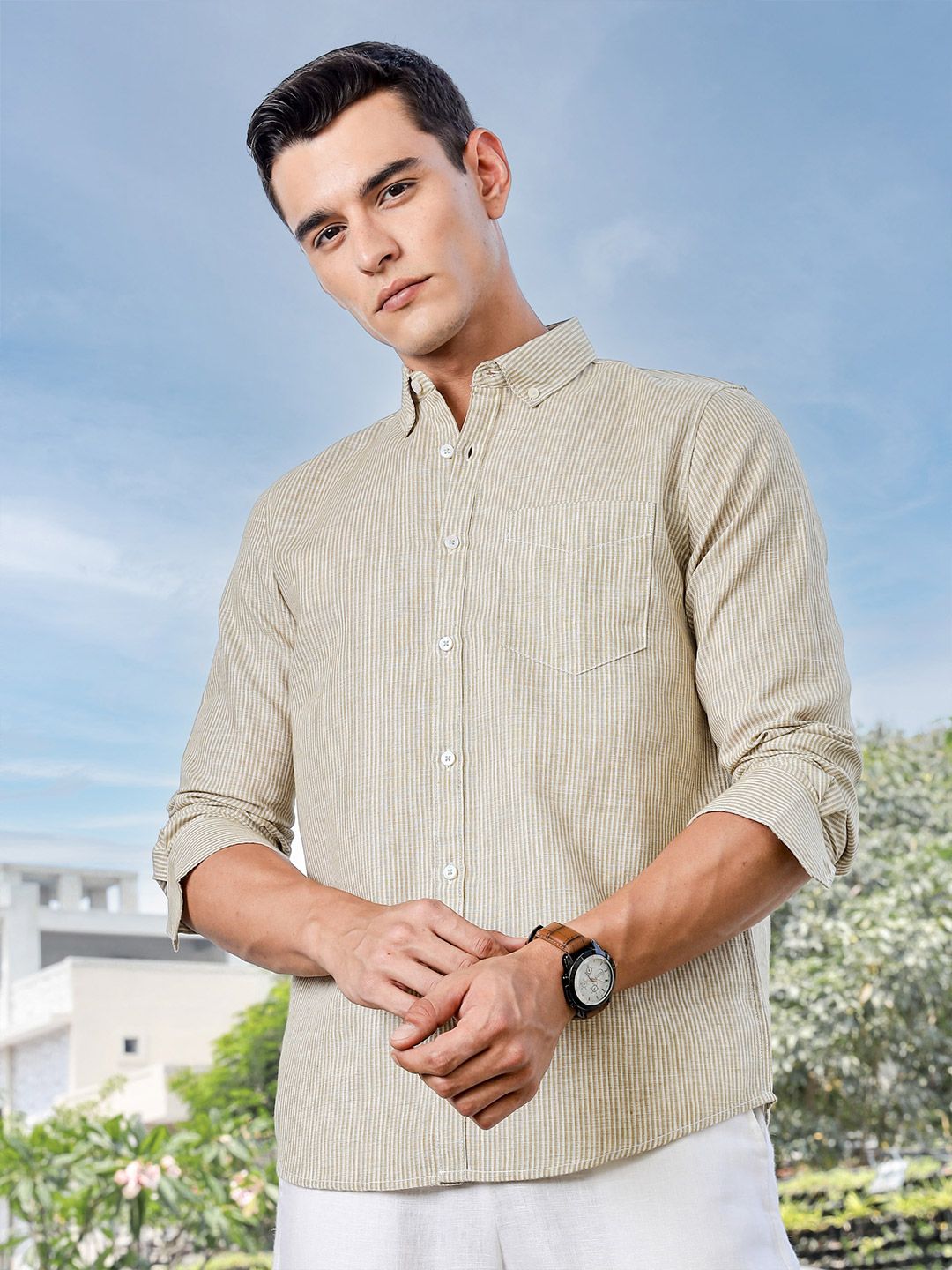 Thomas Scott Men Premium Fit Button-Down Collar Pinstripes Striped Linen Casual Shirt