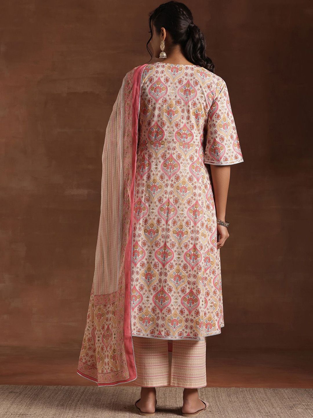 Libas Printed Panelled Gotta Patti Pure Cotton Anarkali Kurta with Palazzos & Dupatta