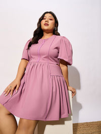 SASSAFRAS Curve Plus Size Pink Round Neck Puff Sleeves Gathered Fit & Flare Dress