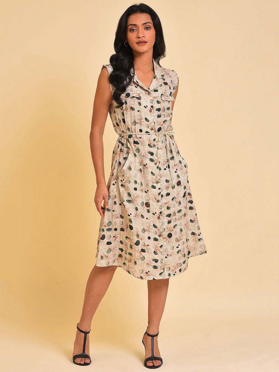 W Beige Abstract Printed Pure Cotton Shirt Style Dress