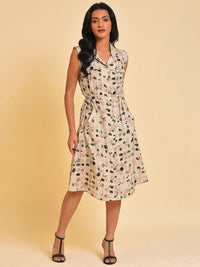 W Beige Abstract Printed Pure Cotton Shirt Style Dress