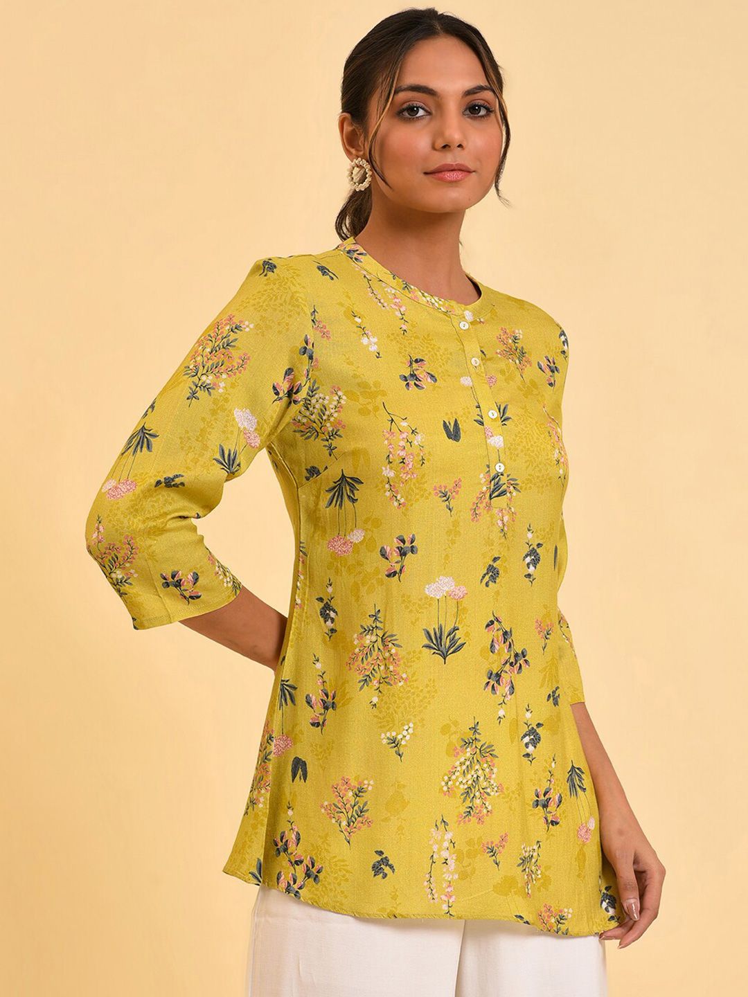 W Yellow Floral Printed Mandarin Collar Top