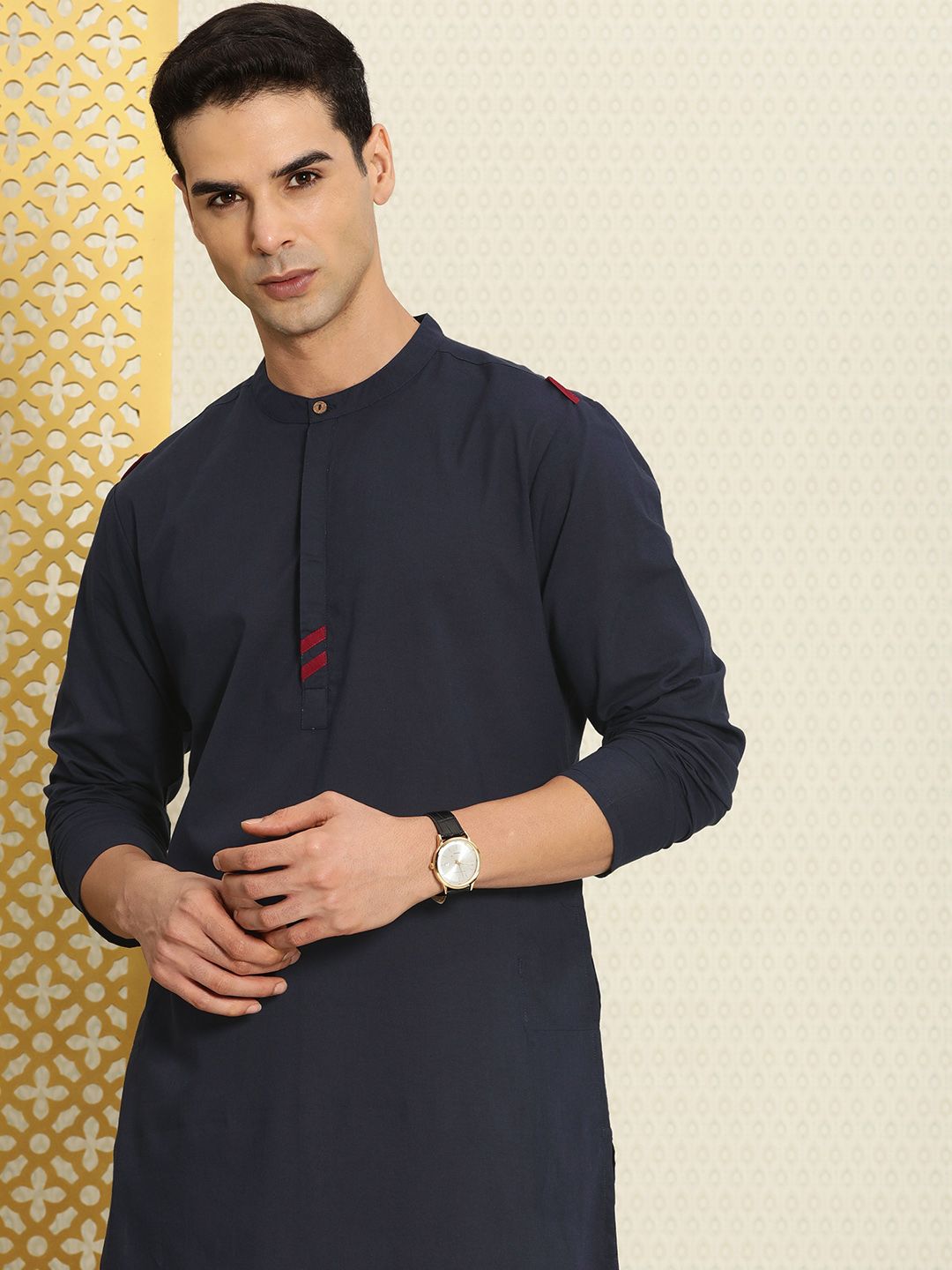 House of Pataudi Pure Cotton Band Collar Regular Rozana Kurta