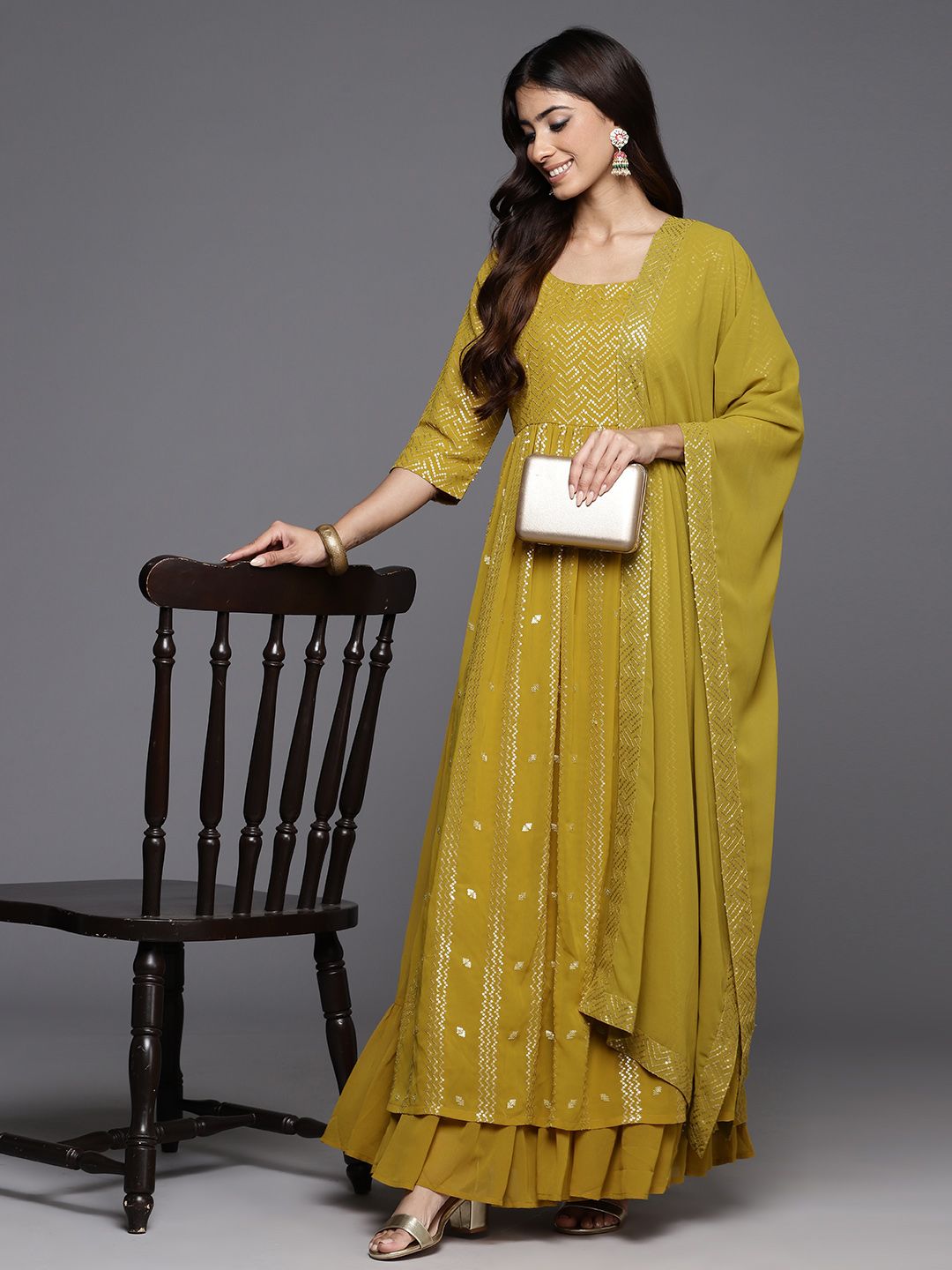 Libas Women Embroidered Pleated Sequinned Kurta with Palazzos & With Dupatta