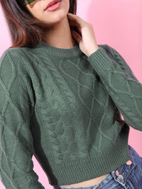 Tokyo Talkies Women Stunning Green Cable Knit Sweater