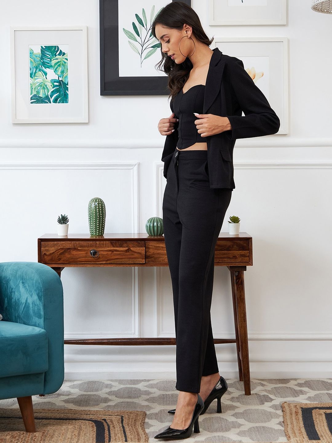 Athena Women Black Solid Top & Jacket With Trouser Co-Ords