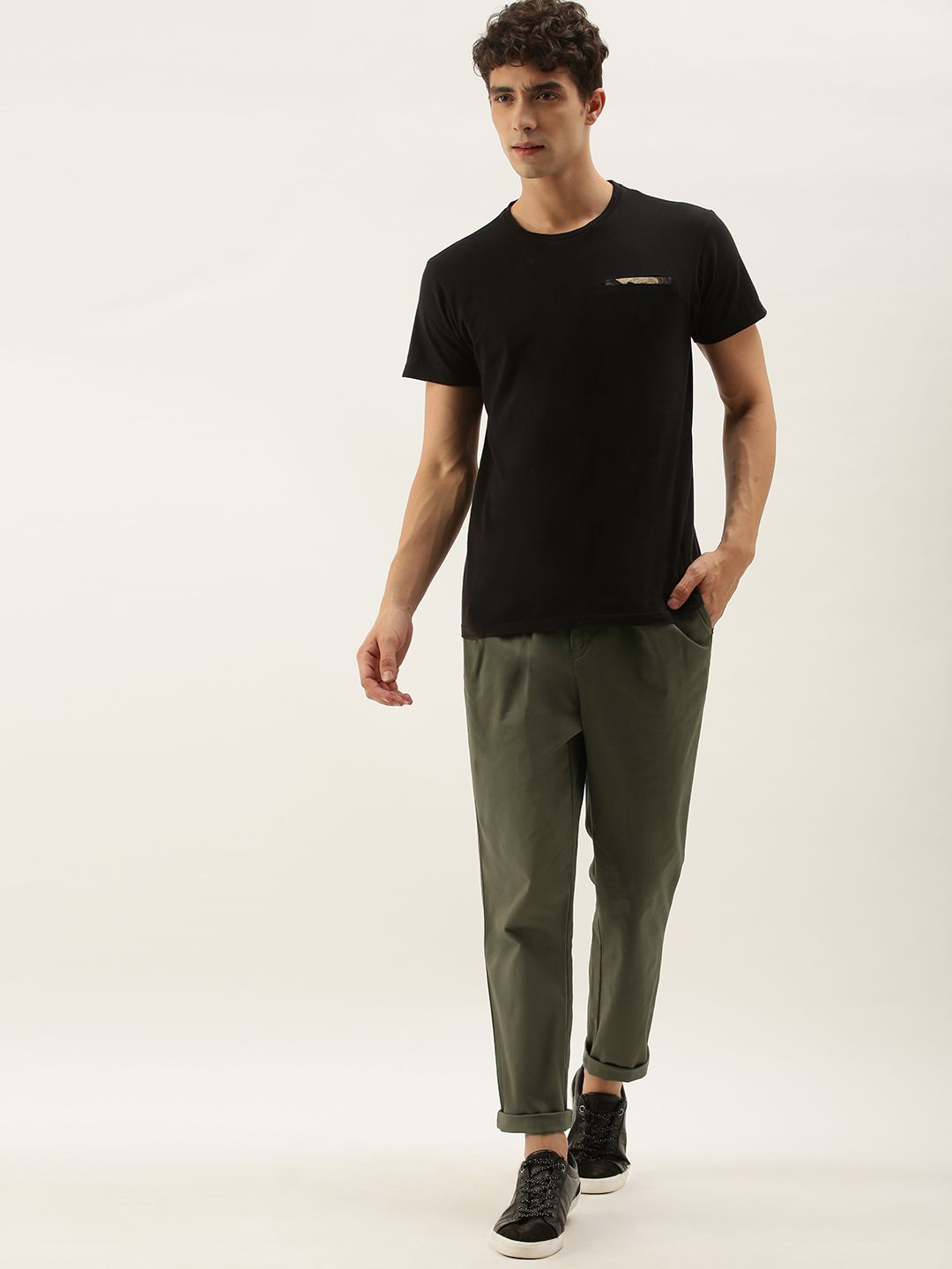 Mr Bowerbird Men Olive Green Slim Fit Solid Cropped Chinos