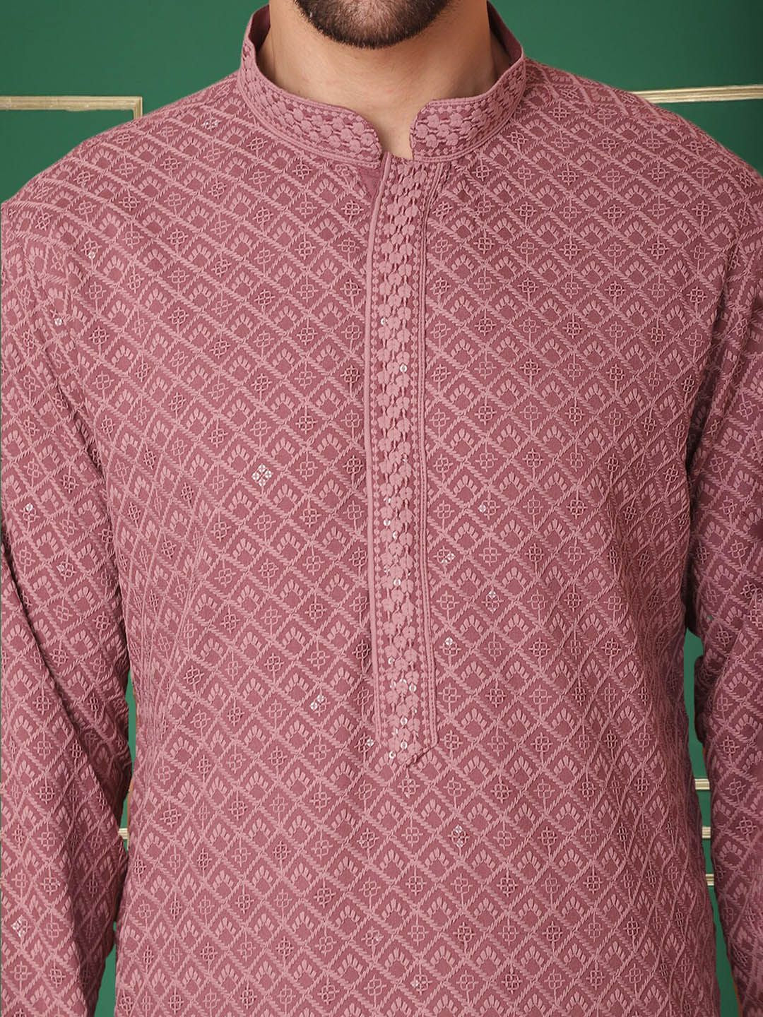 Jompers Geometric Embroidered Mandarin Collar Sequins Straight Kurta