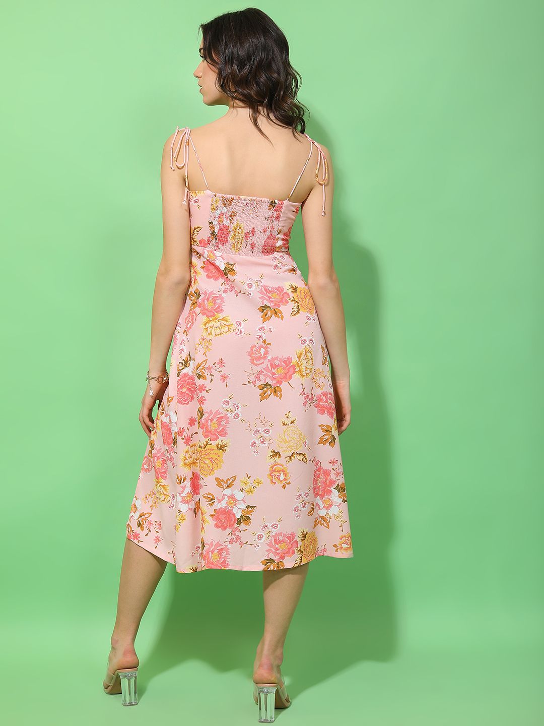 Tokyo Talkies Pink Floral Printed A-Line Midi Dress