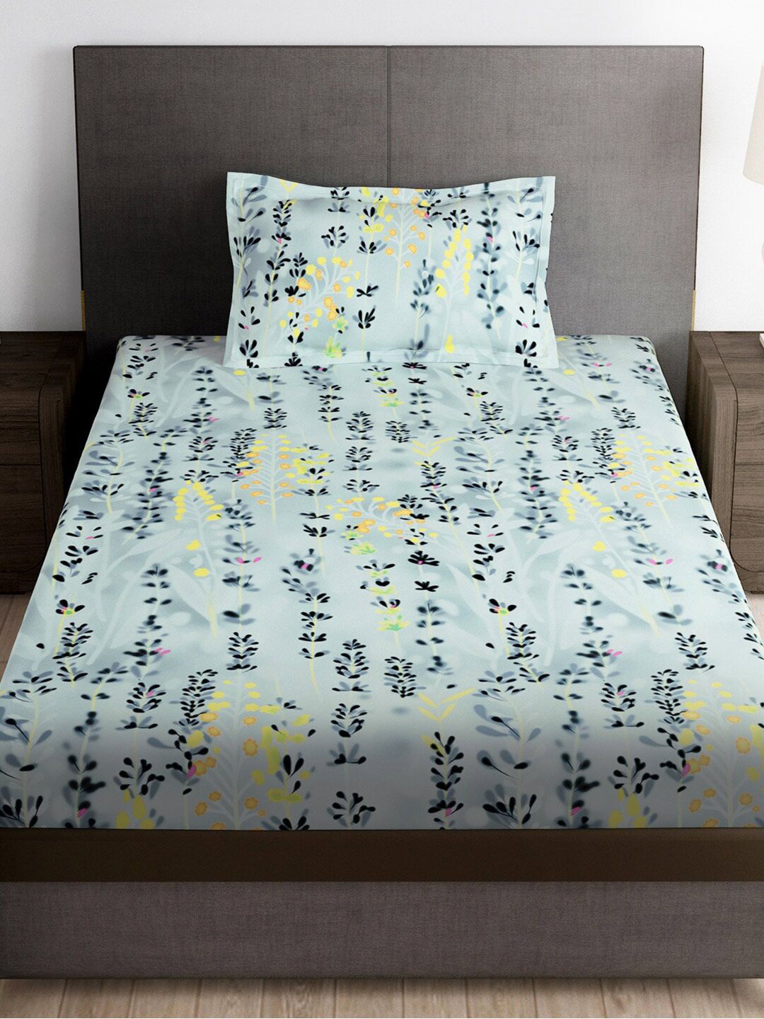 Story@home Grey & Black Floral Microfiber 180 TC Single Bedsheet With 1 Pillow Cover