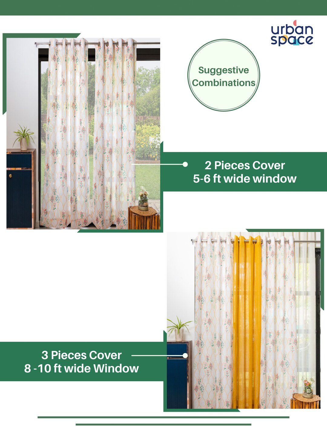 URBAN SPACE White & Orange 2 Pieces Floral Printed Sheer Door Curtains