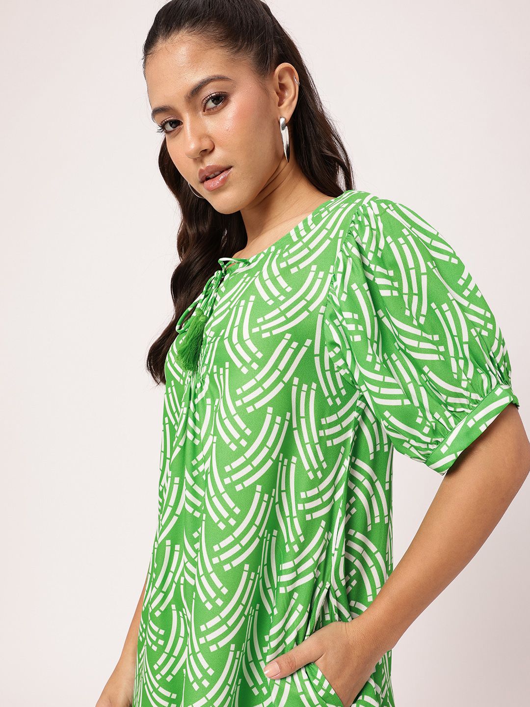 DressBerry Bold Shapes, Fresh Green Printed Gathered A-Line Mini Dress
