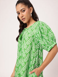 DressBerry Bold Shapes, Fresh Green Printed Gathered A-Line Mini Dress