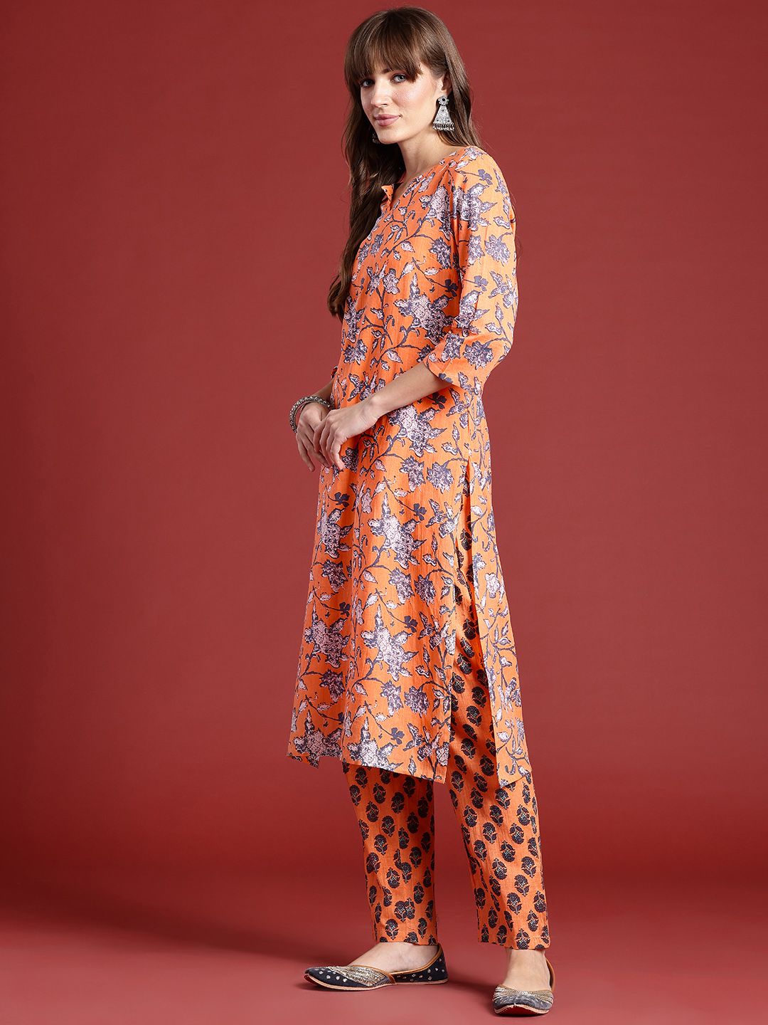 Anouk Floral Printed Pure Cotton Kurta dengan Seluar & Dupatta