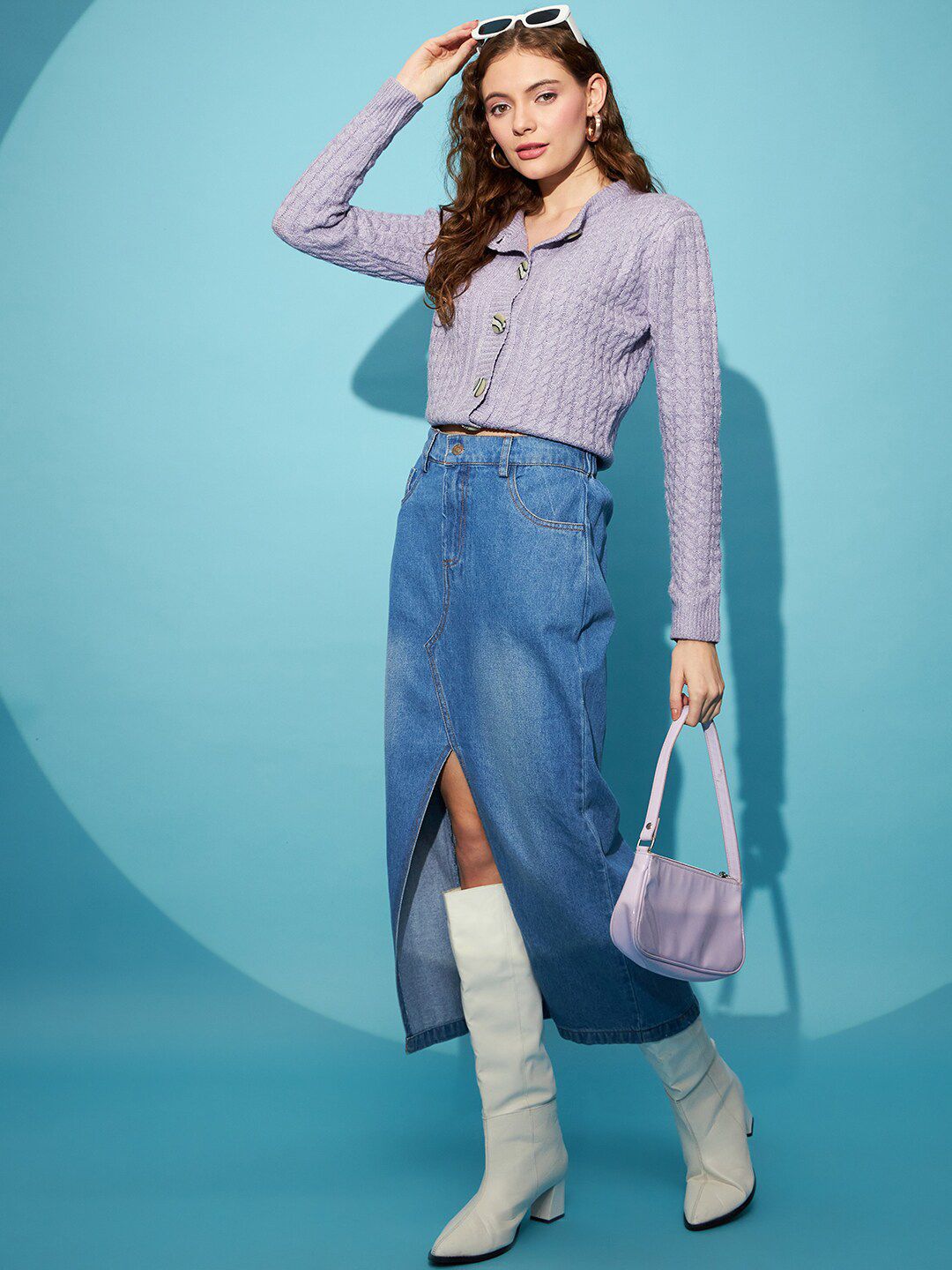 STREET 9 Lavender Self Design Cable Knit Acrylic Cardigan Sweater