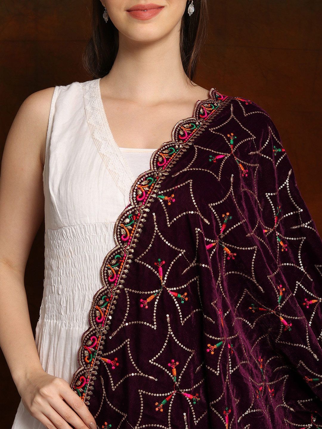 Exotic India Burgundy Velvet Dupatta with Zari and Sequinned Diamond Pattern