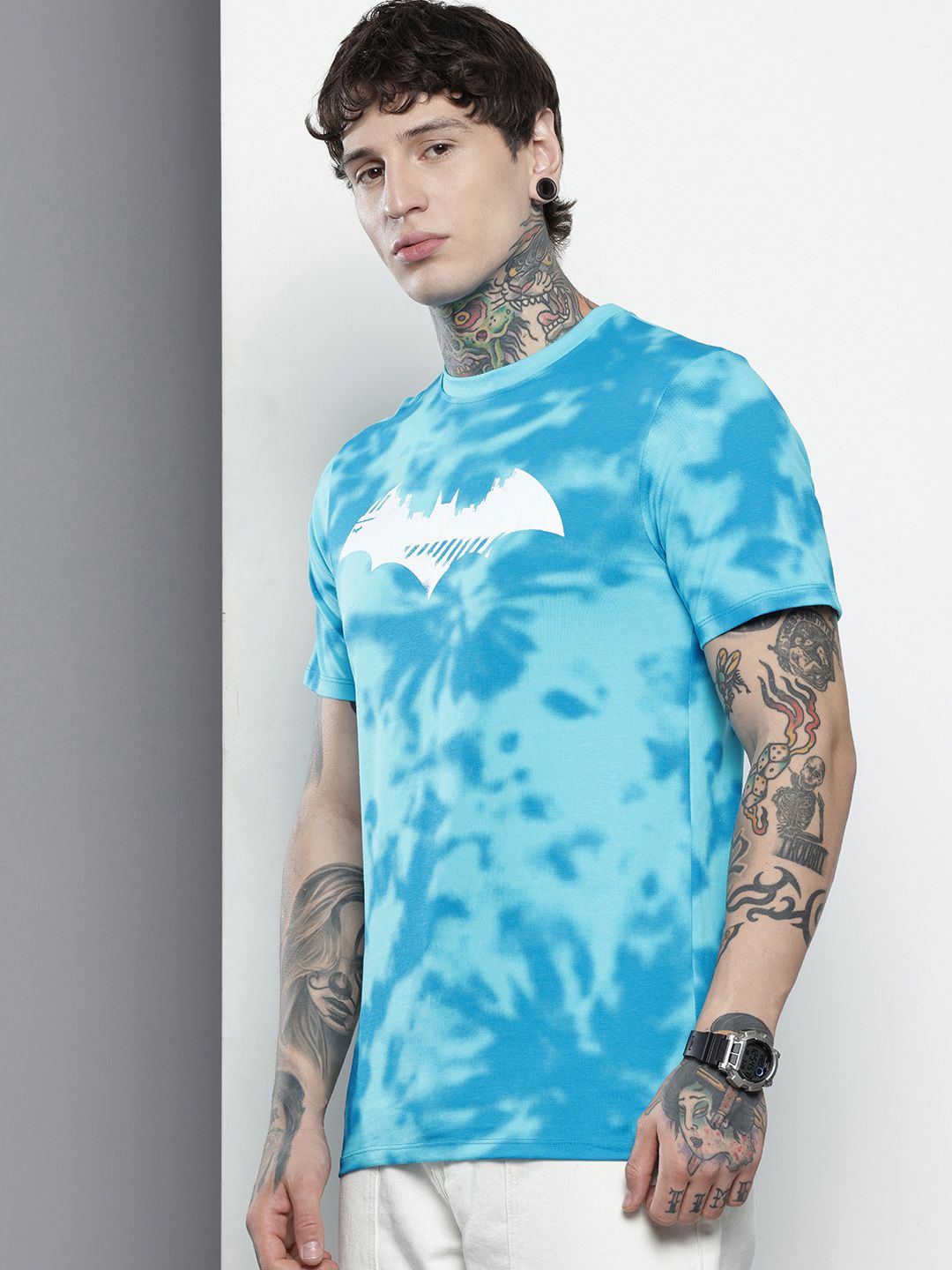 The Indian Garage Co. Slim Fit Batman Printed Dyed Effect Pure Cotton T-shirt