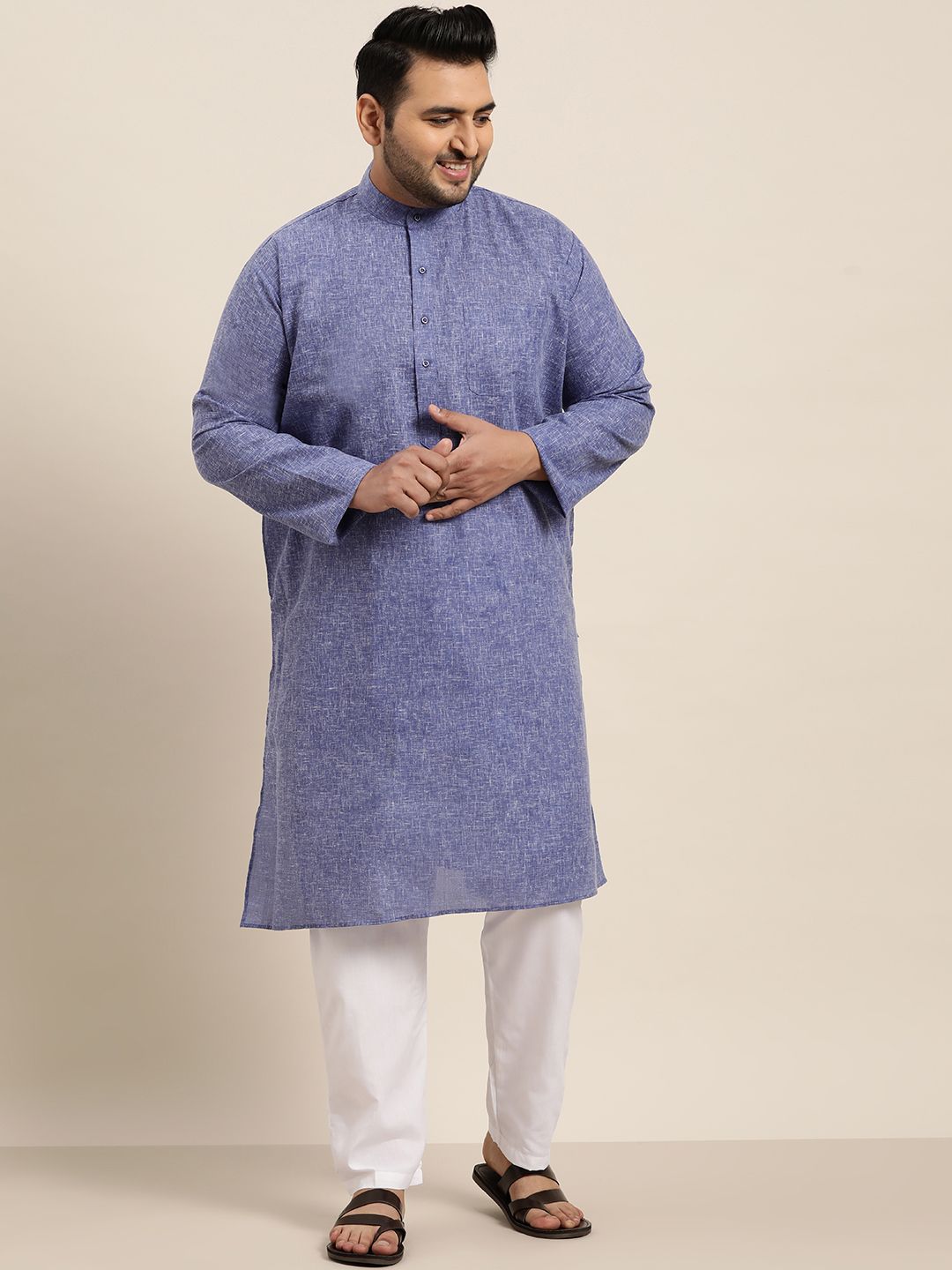SOJANYA PLUS Lelaki Blue Woven-Design Kurta Lurus Dobby