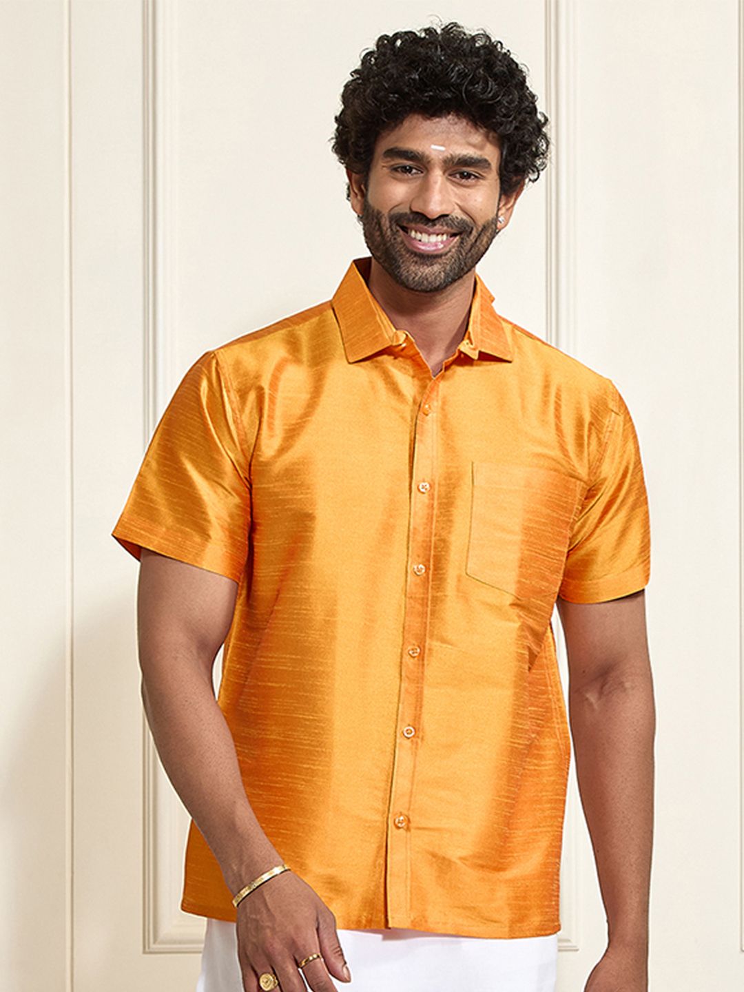 VASTRAMAY Premium Spread Collar Silk Shirt